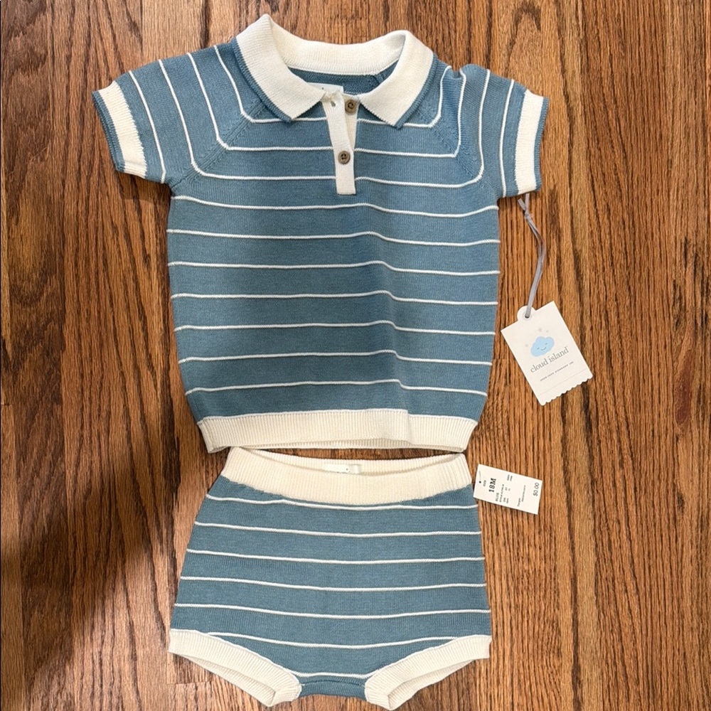Cloud island Blue & Cream Striped Knit Polo Set 18 months NEW WITH TAGS